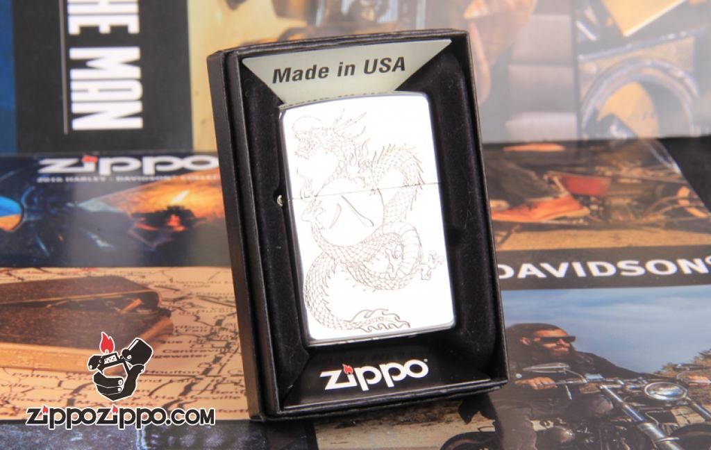Zippo Chính Hãng Bạc Khắc Rồng Ôm Viên Ngọc Số 8